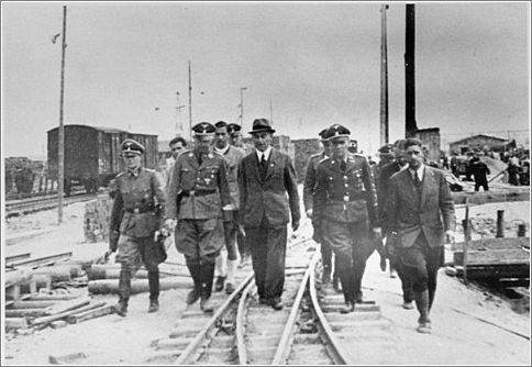 Reichsfuehrer SS Heinrich Himmler tours the Monowitz-Buna building site in the company of SS officers and IG Farben engineers 2